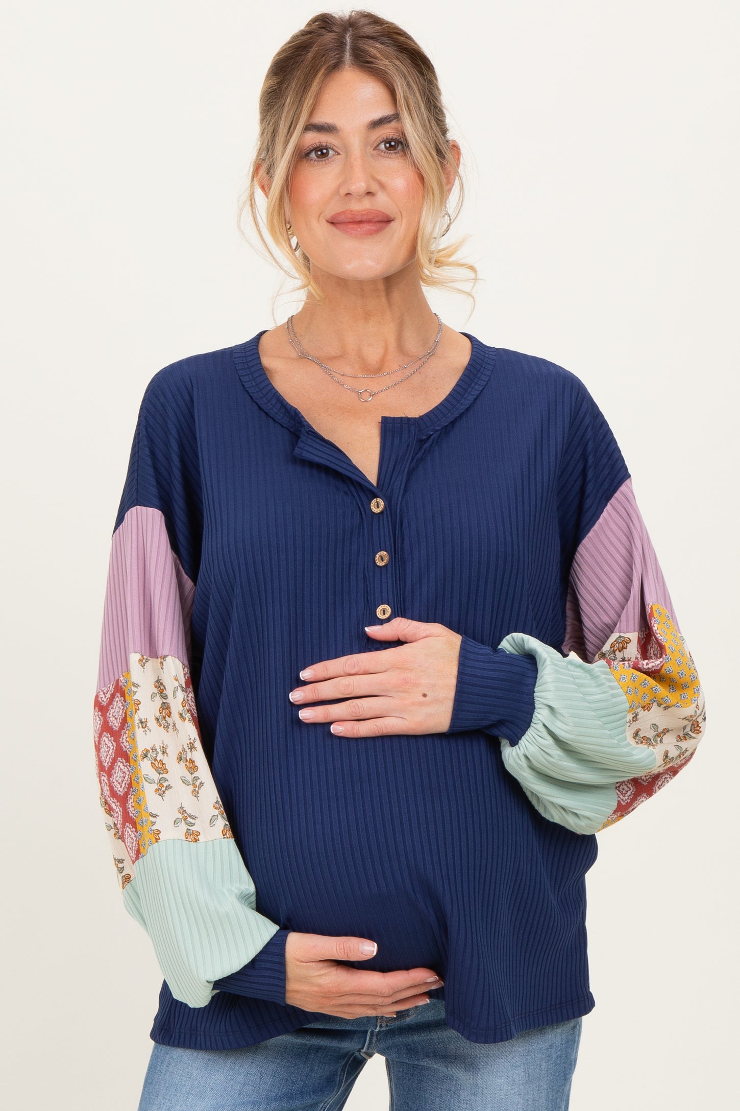 Navy Ribbed Long Sleeve Colorblock Maternity Top