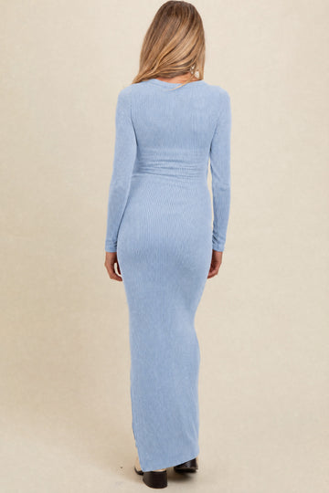 maternity wear light blue ribbed maxi dress with long sleeves and a fitted silhouette, back view