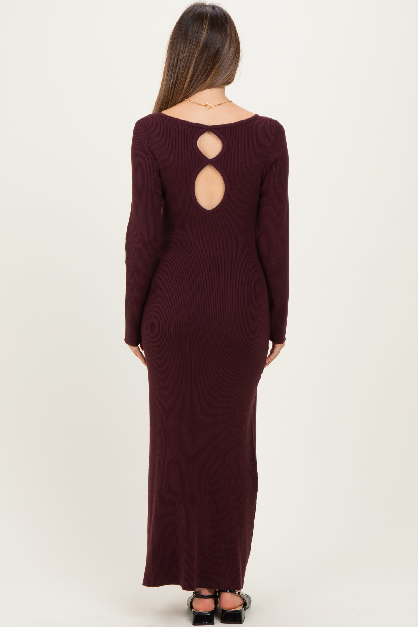 Plum Rib Knit Back Cutout Maternity Midi Dress