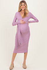 Plum Ribbed Long Sleeve Maternity Wrap Dress