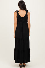 Black Shoulder Tie Ribbed Tiered Maxi Dress