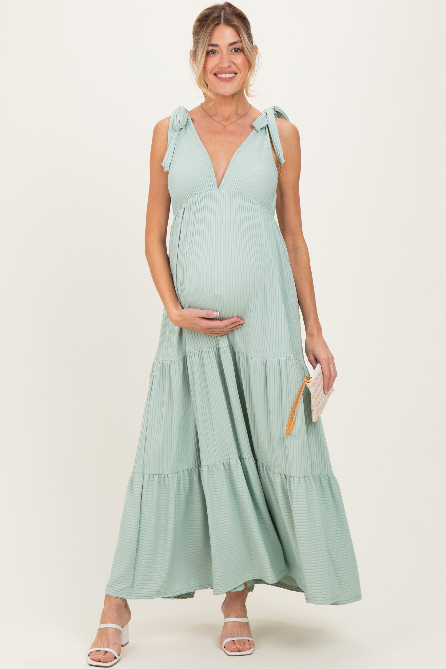 Sage Shoulder Tie Ribbed Tiered Maternity Maxi Dress