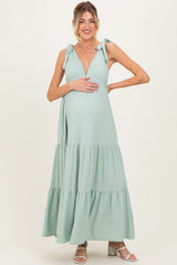 Sage Shoulder Tie Ribbed Tiered Maternity Maxi Dress
