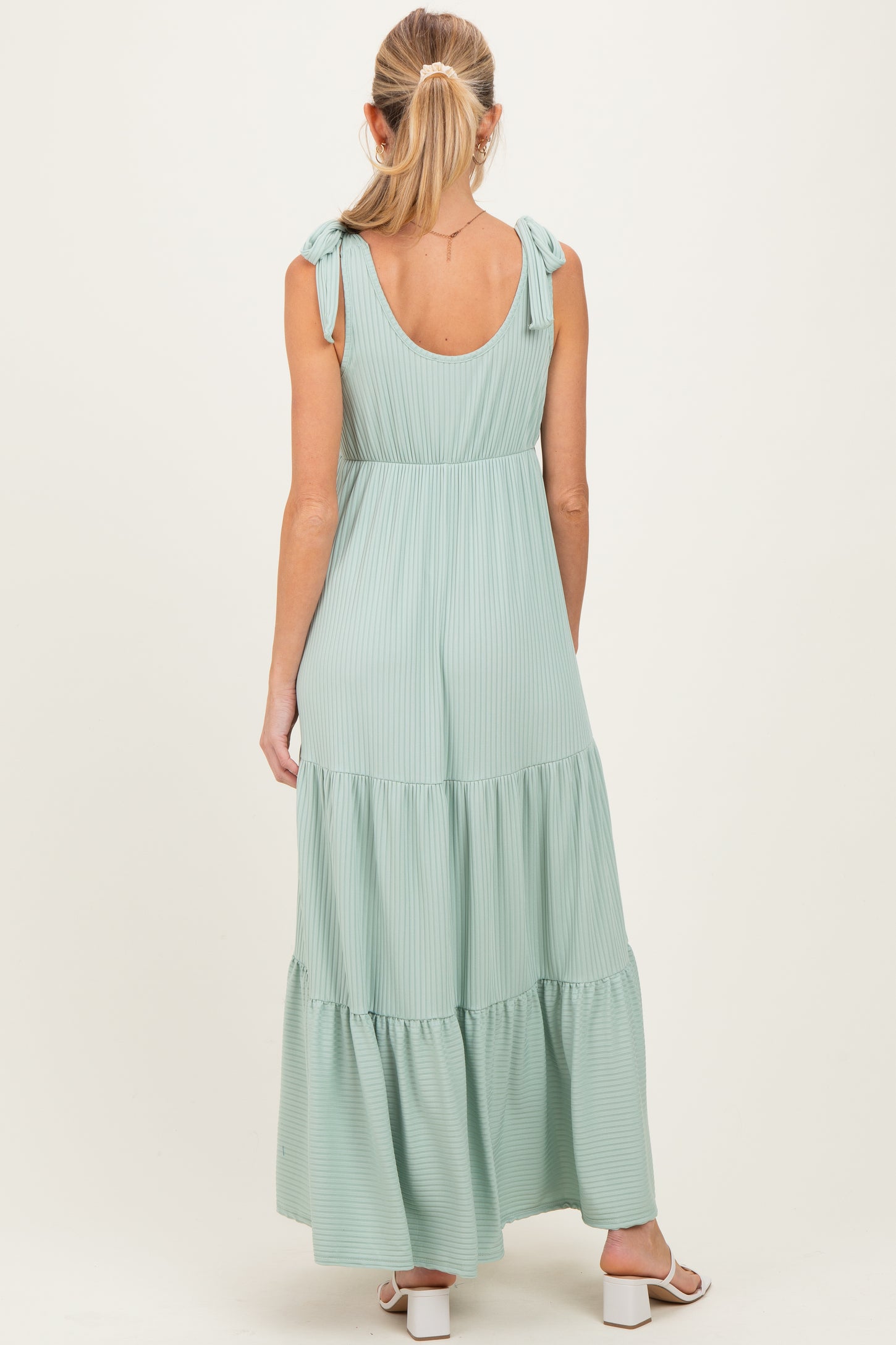 Sage Shoulder Tie Ribbed Tiered Maternity Maxi Dress