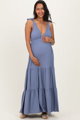 Blue Shoulder Tie Ribbed Tiered Maternity Maxi Dress