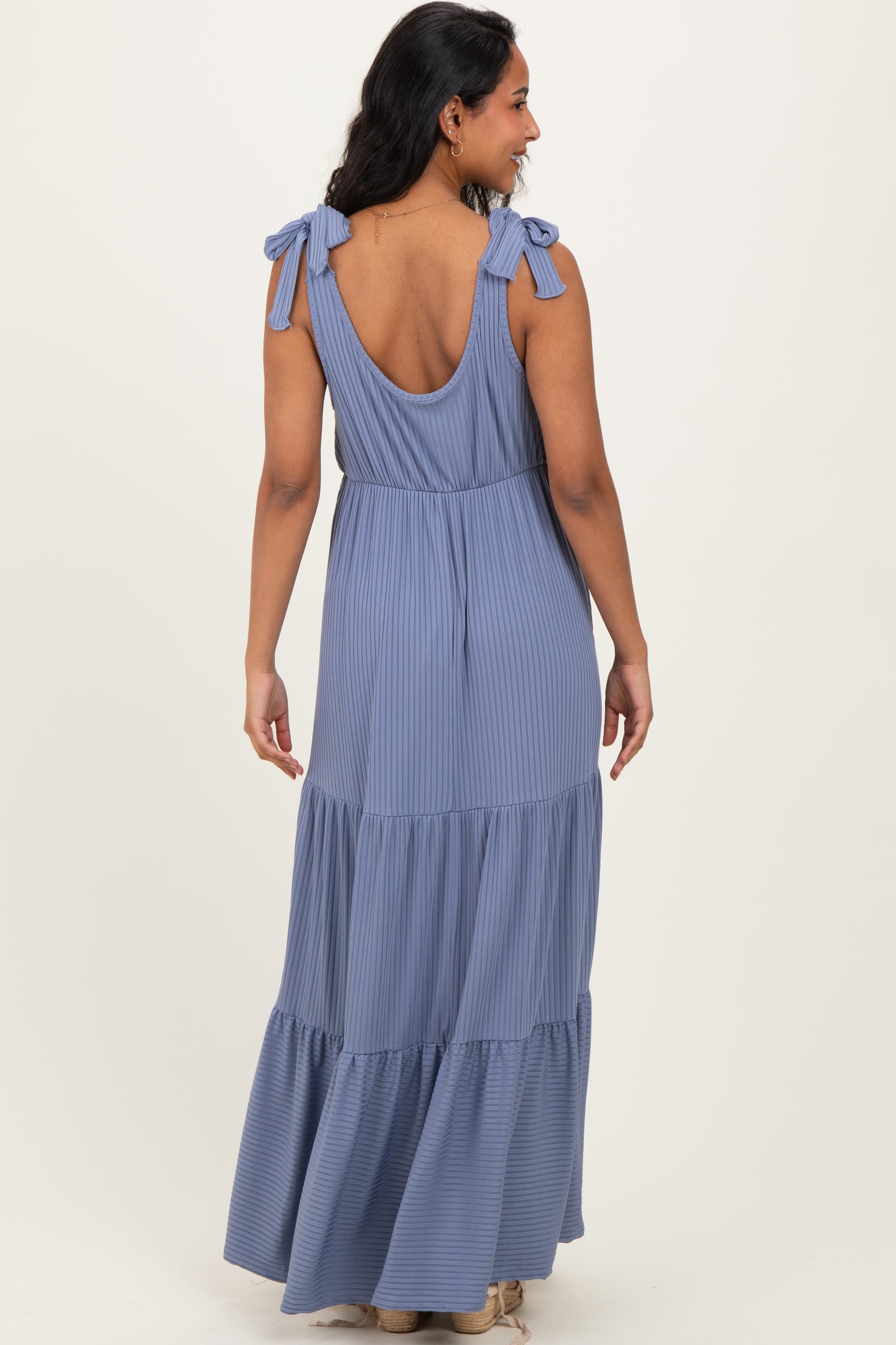Blue Shoulder Tie Ribbed Tiered Maternity Maxi Dress