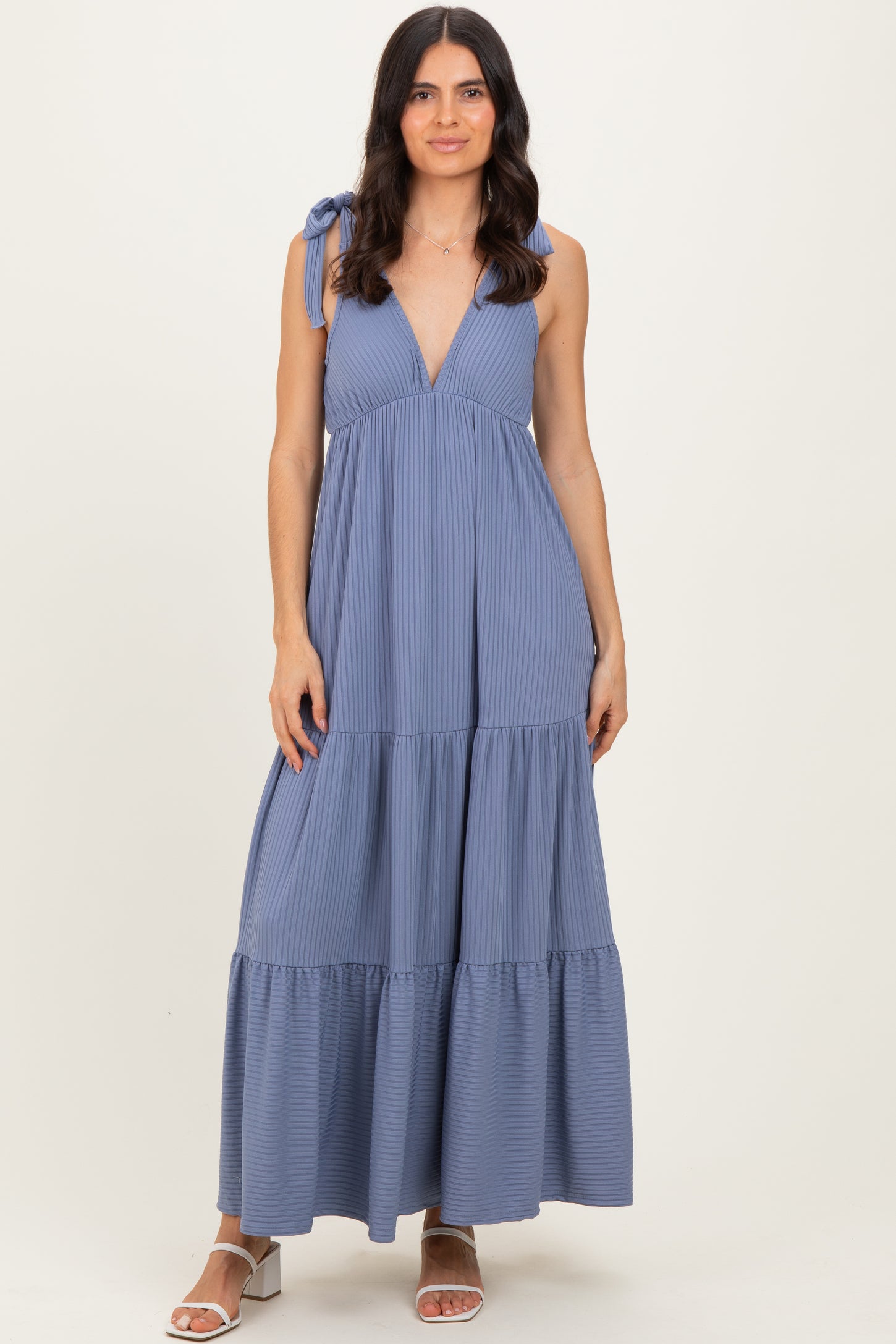 Blue Shoulder Tie Ribbed Tiered Maxi Dress