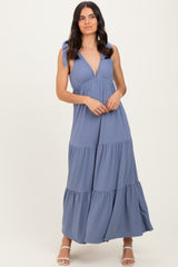Blue Shoulder Tie Ribbed Tiered Maxi Dress