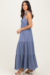 Blue Shoulder Tie Ribbed Tiered Maxi Dress