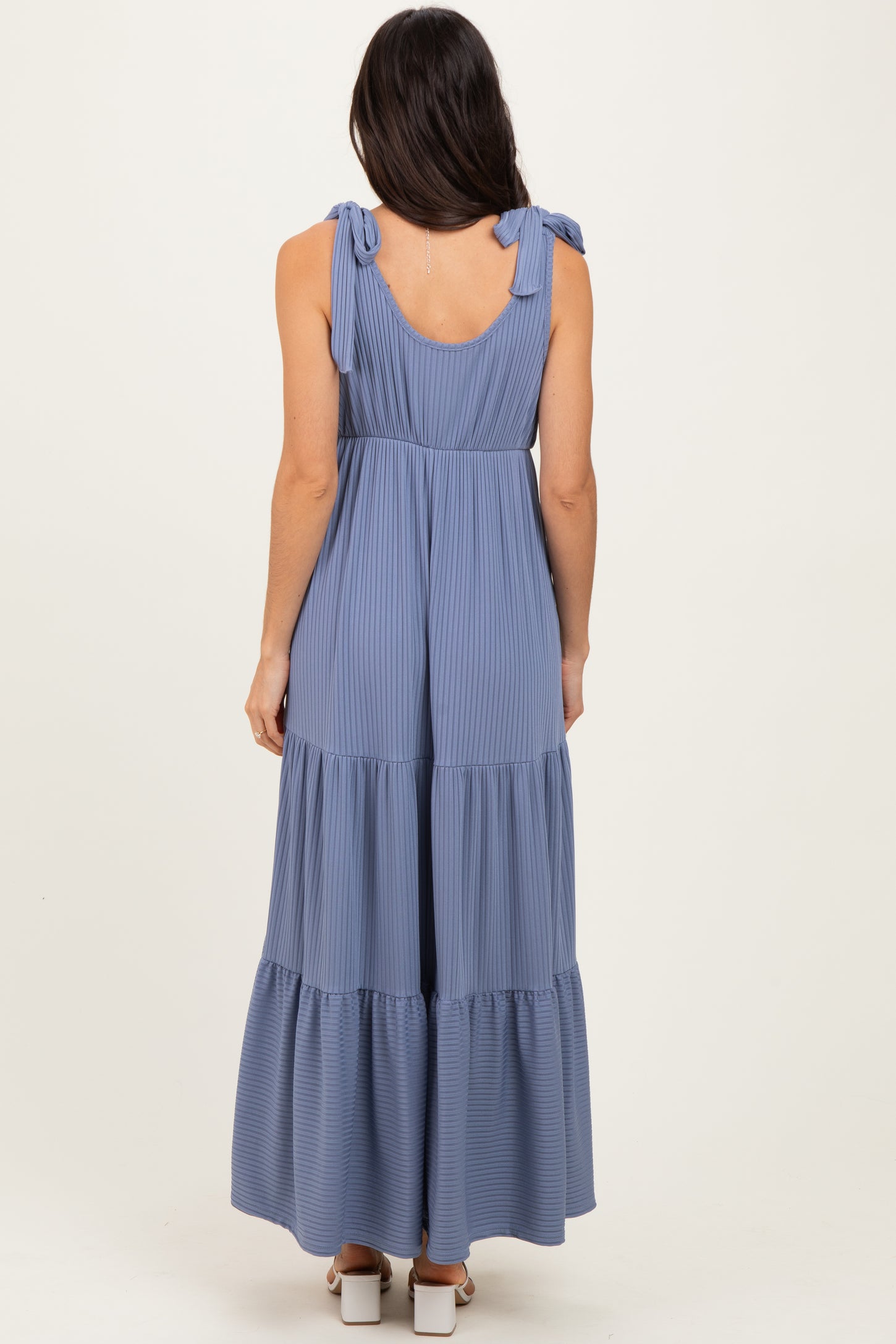 Blue Shoulder Tie Ribbed Tiered Maxi Dress
