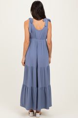 Blue Shoulder Tie Ribbed Tiered Maxi Dress