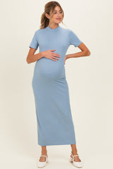 Blue Ribbed Mock Neck Short Sleeve Maternity Midi Dress