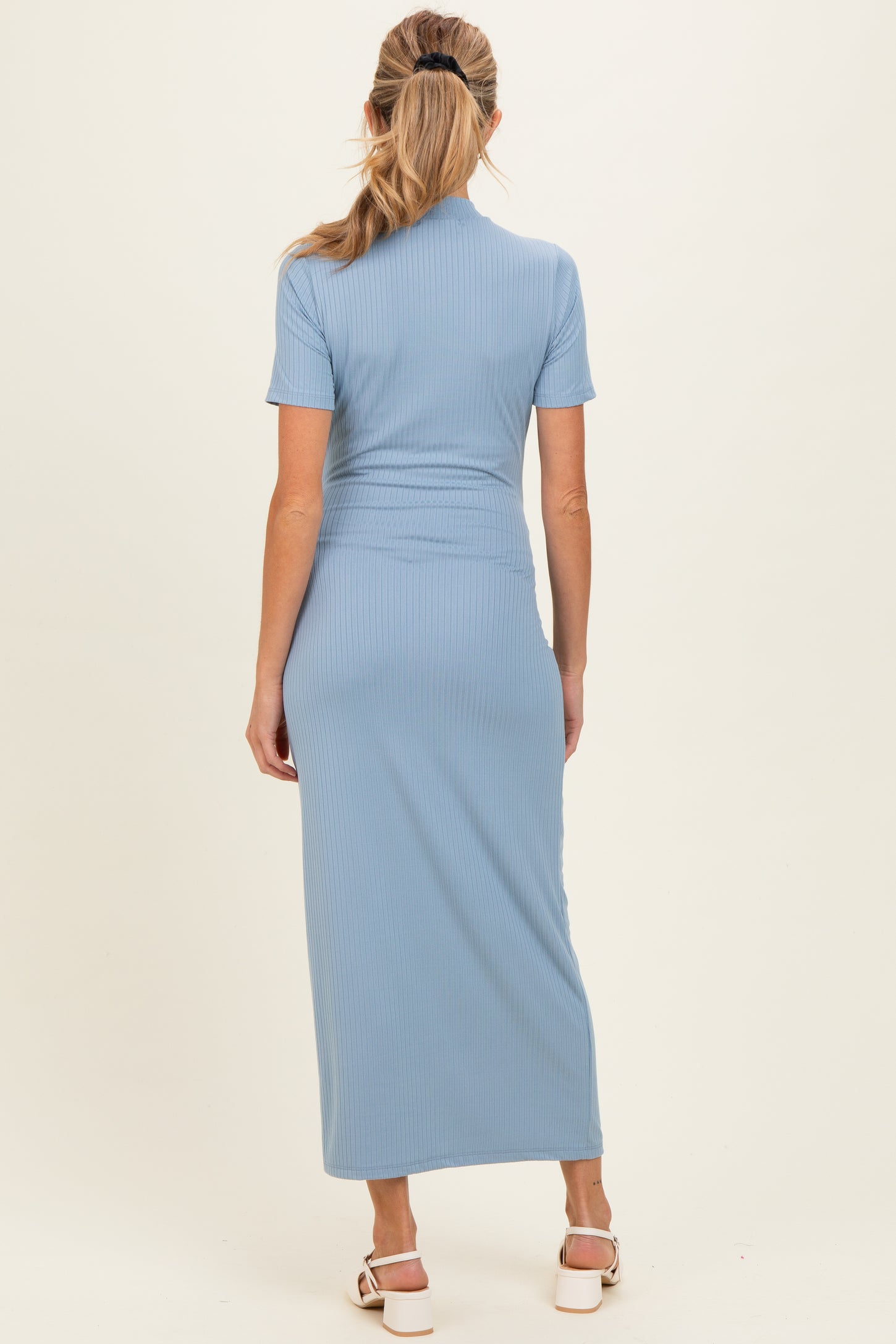Blue Ribbed Mock Neck Short Sleeve Maternity Midi Dress
