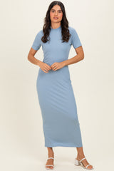 Blue Ribbed Mock Neck Short Sleeve Maternity Midi Dress