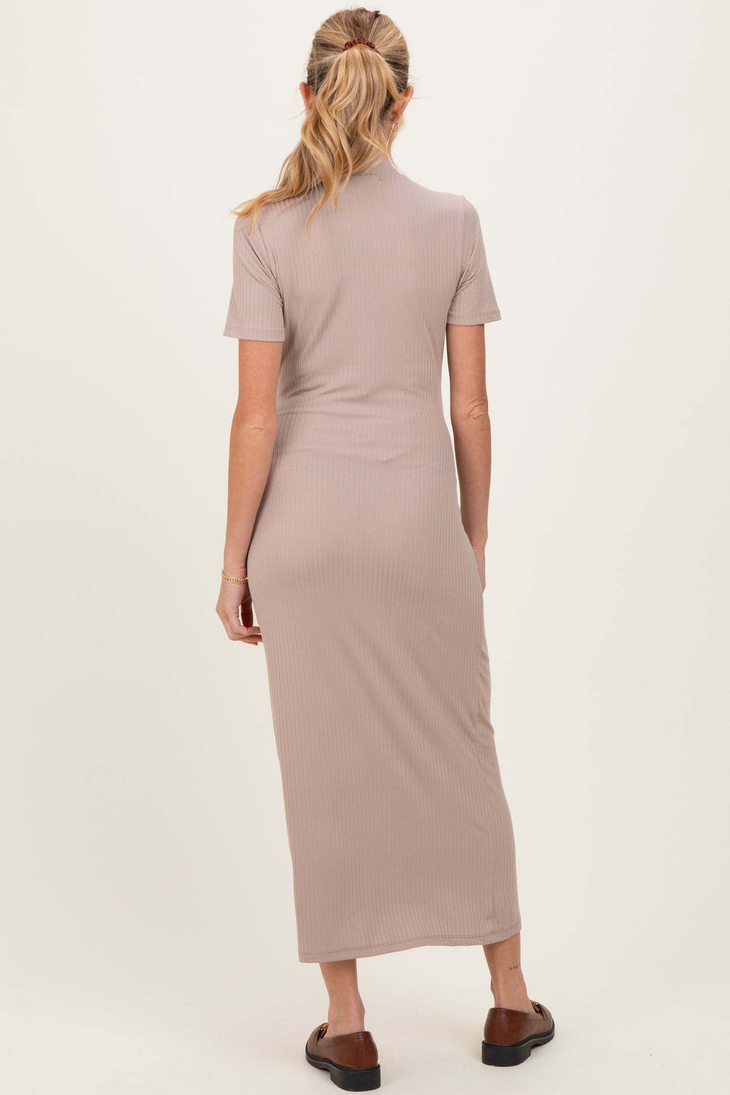 Mocha Ribbed Mock Neck Short Sleeve Maternity Midi Dress