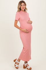 Pink Ribbed Mock Neck Short Sleeve Maternity Midi Dress