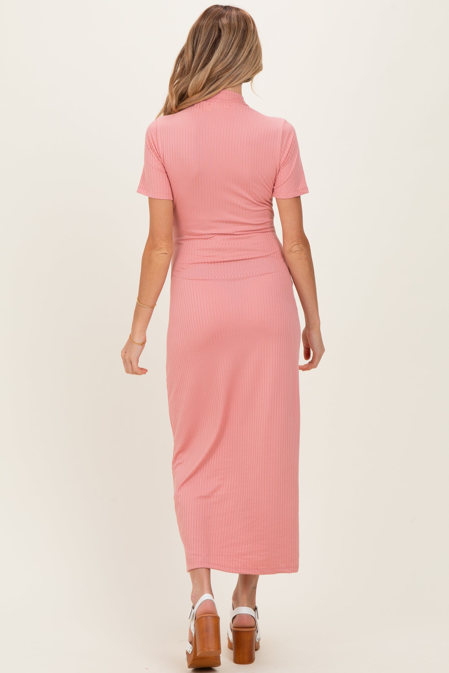 Pink Ribbed Mock Neck Short Sleeve Maternity Midi Dress