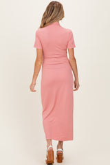 Pink Ribbed Mock Neck Short Sleeve Maternity Midi Dress