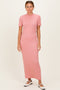 Pink Ribbed Mock Neck Short Sleeve Midi Dress
