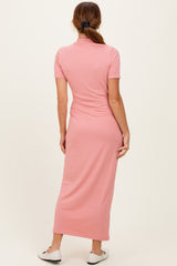 Pink Ribbed Mock Neck Short Sleeve Midi Dress