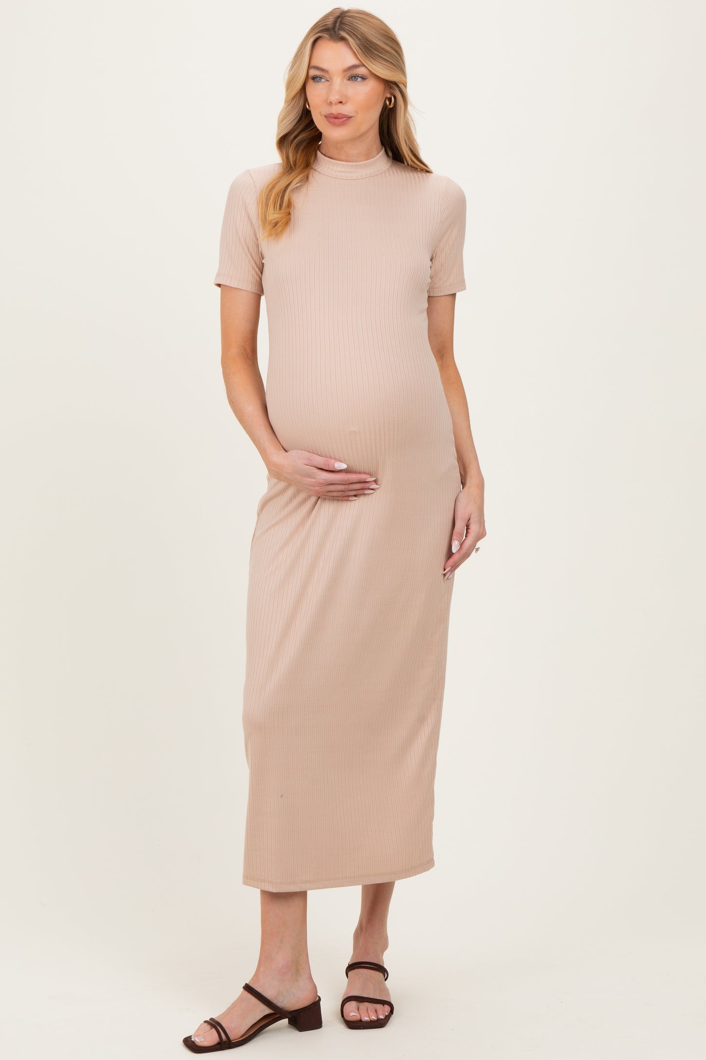 Taupe Ribbed Mock Neck Short Sleeve Maternity Midi Dress