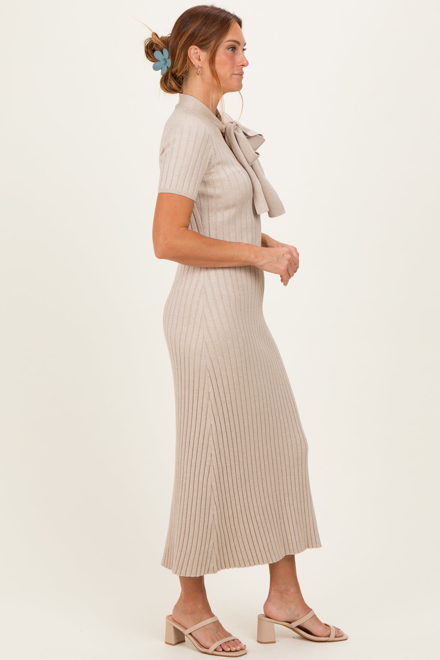 Oatmeal Ribbed Knit Tie Neck Midi Dress
