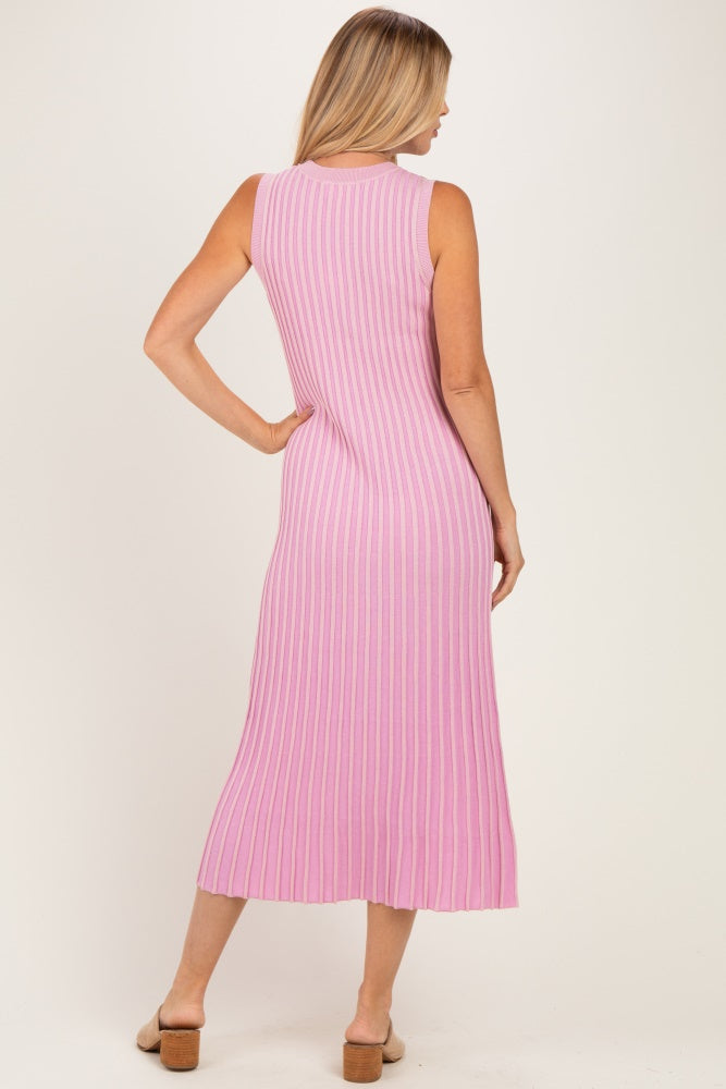 Pink Ribbed Knit Sleeveless Maxi Dress