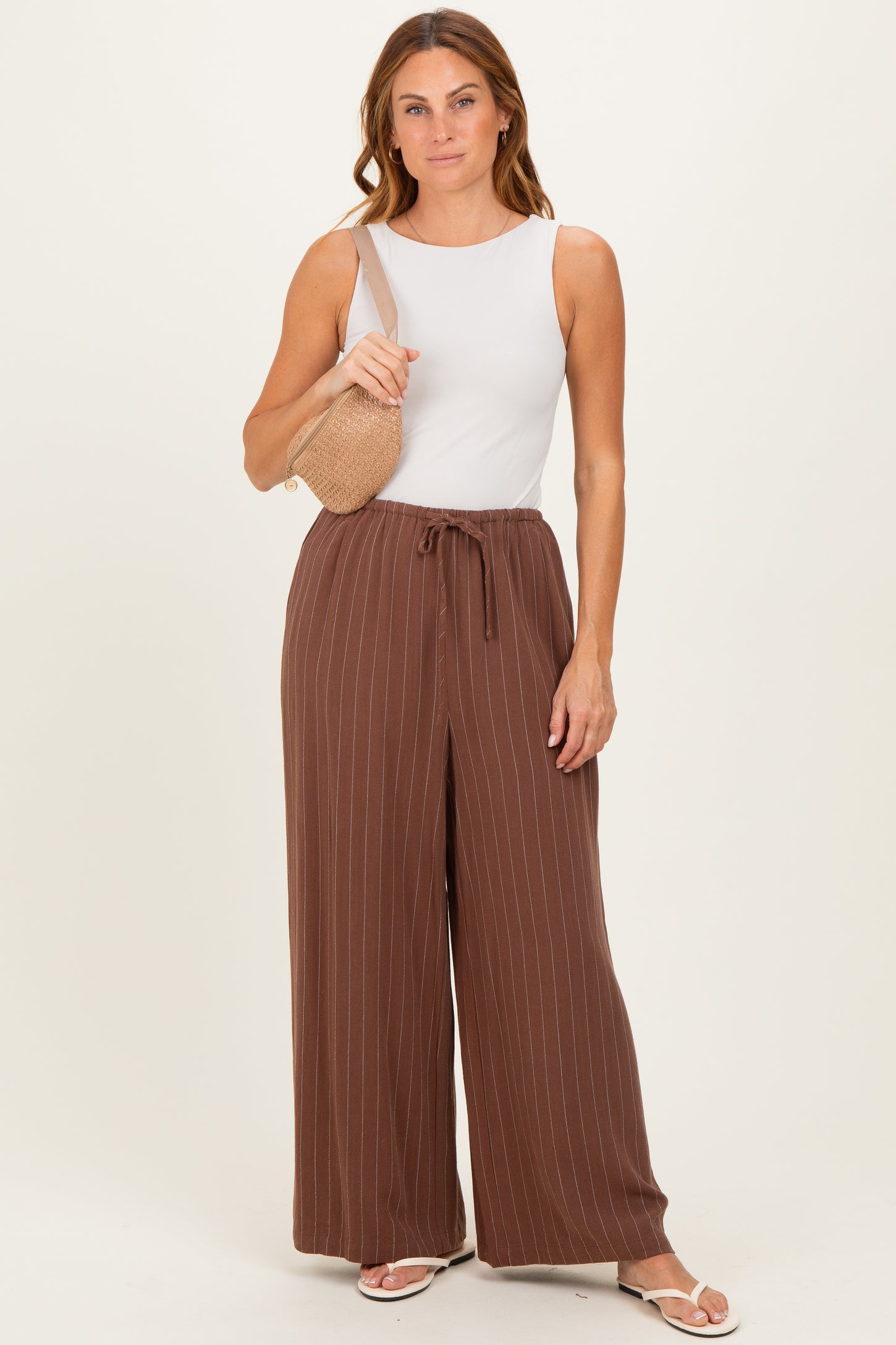 Brown Pinstripe Drawstring Linen Pants