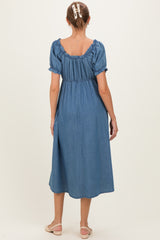 Blue Chambray Ruffle Neckline Maternity Midi Dress