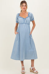 Light Blue Chambray Ruffle Neckline Maternity Midi Dress