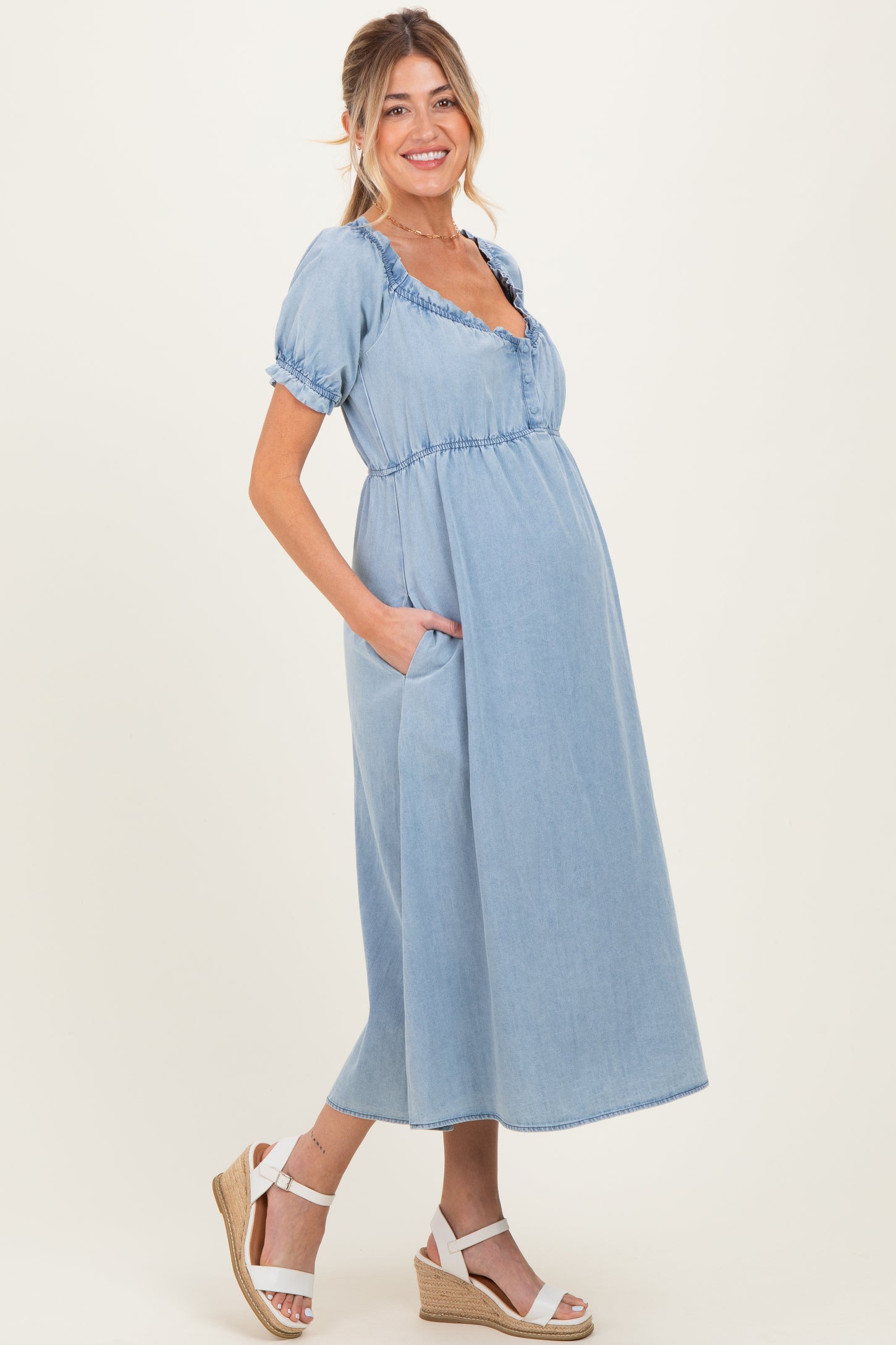 Light Blue Chambray Ruffle Neckline Maternity Midi Dress