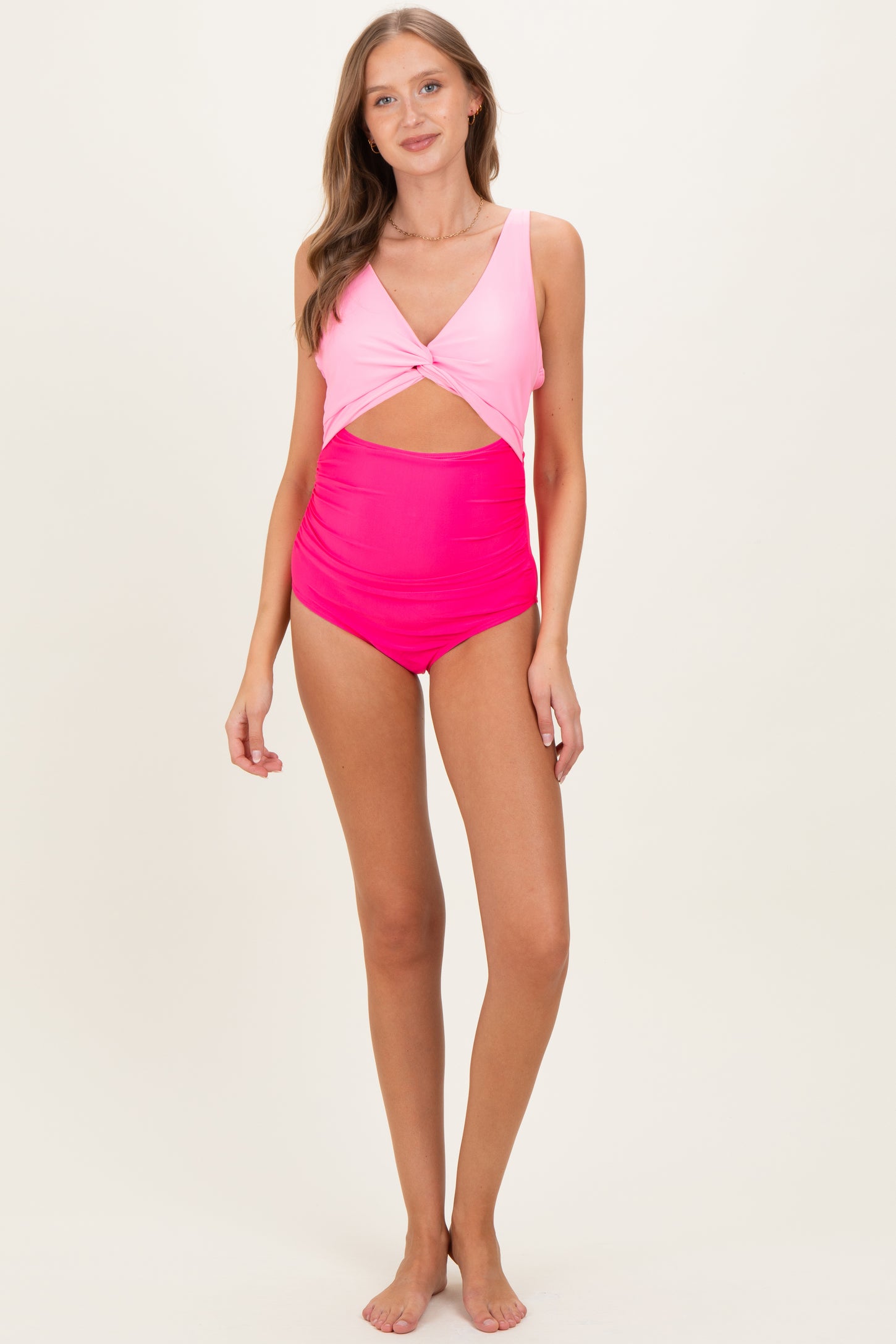 Pink Striped Color Block Cutout Maternity Swimsuit
