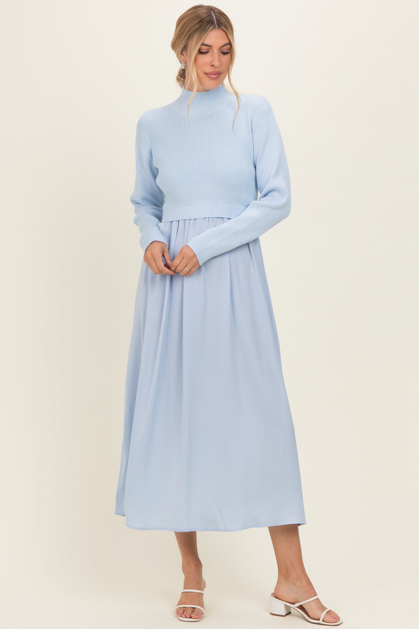 Light Blue Knit Contrast Top Satin Midi Dress