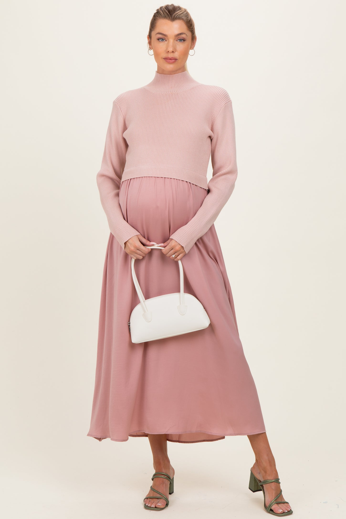 Mauve Knit Contrast Top Satin Maternity Midi Dress