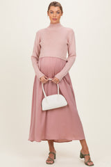 Mauve Knit Contrast Top Satin Maternity Midi Dress