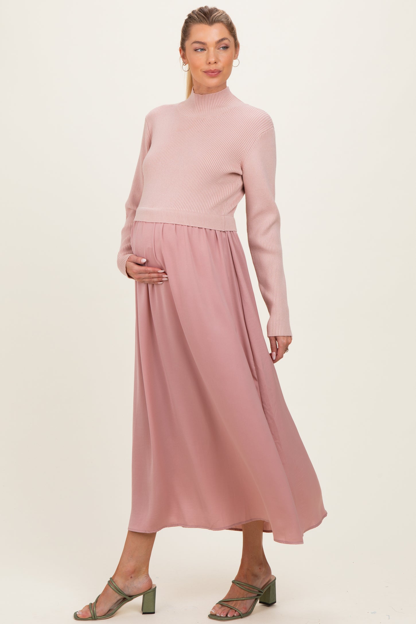 Mauve Knit Contrast Top Satin Maternity Midi Dress