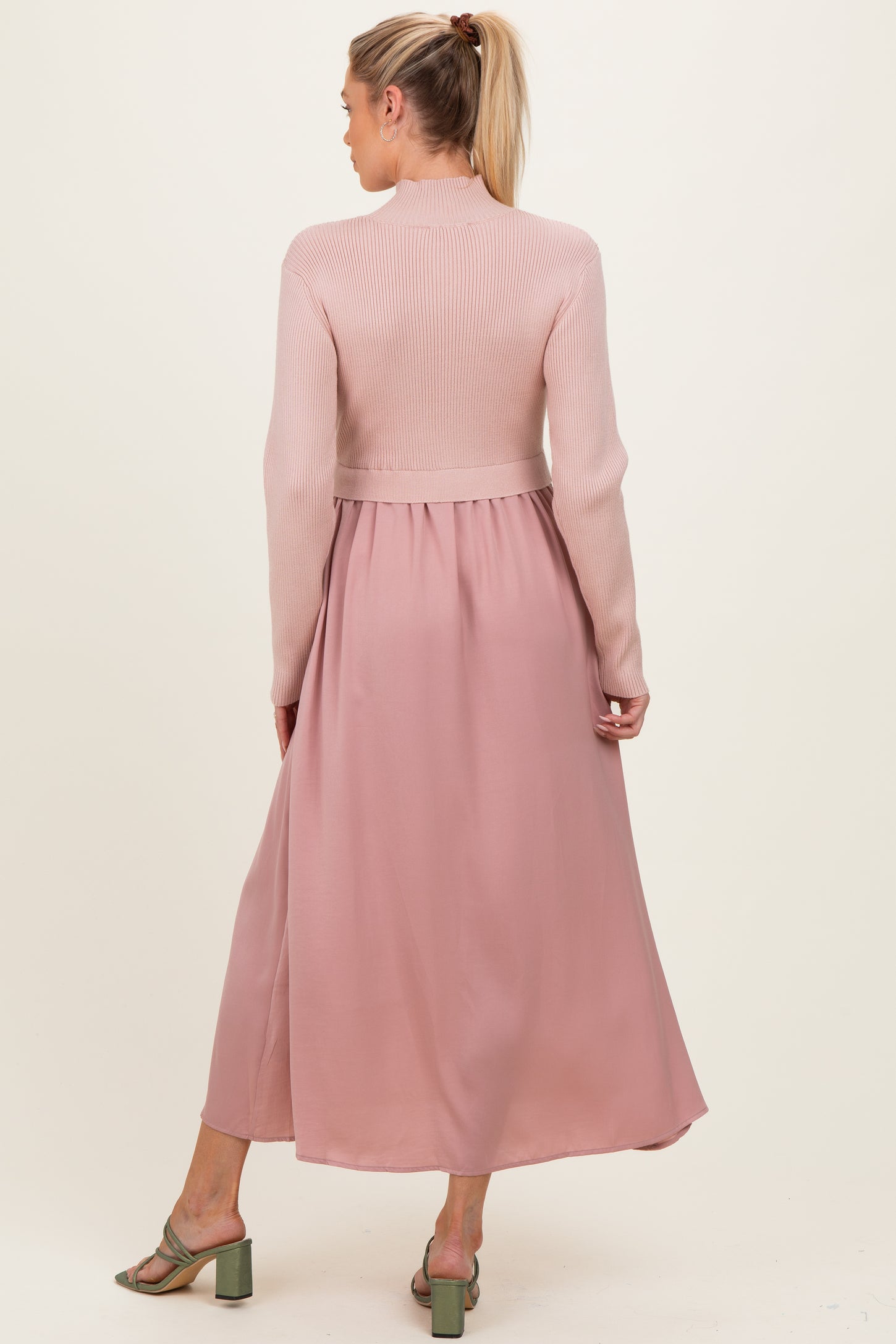 Mauve Knit Contrast Top Satin Maternity Midi Dress