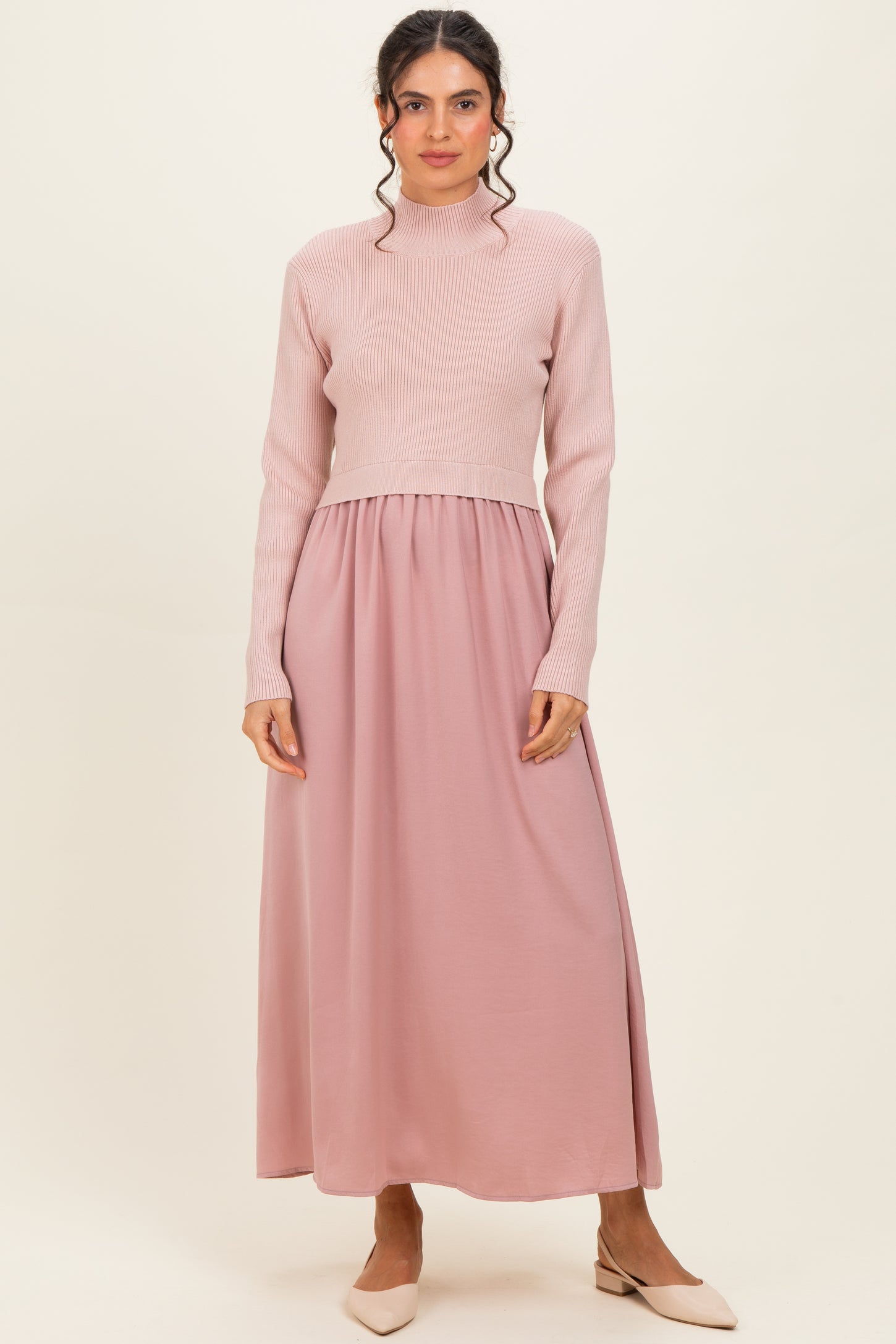 Mauve Knit Contrast Top Satin Maternity Midi Dress