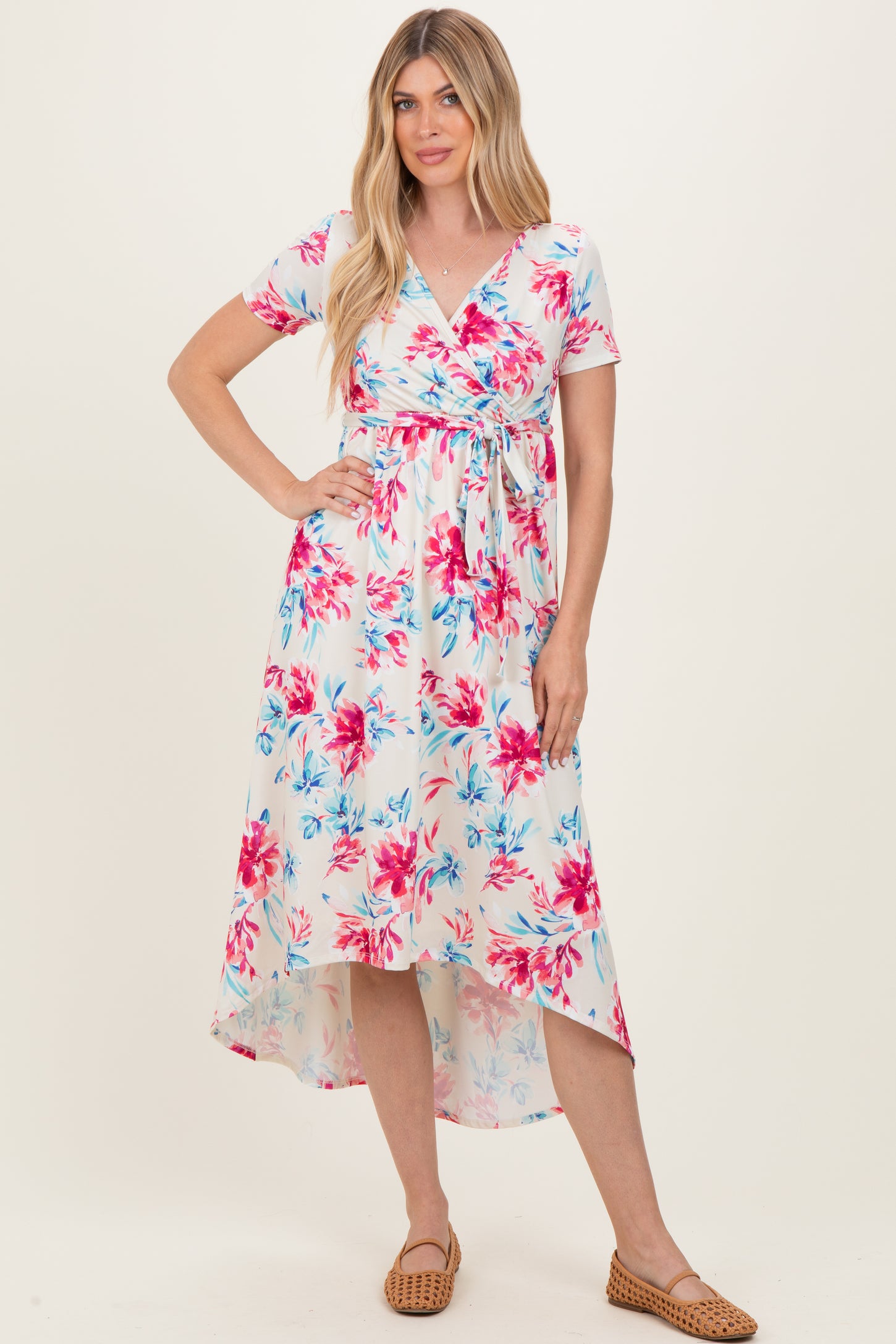 Taupe Floral Print Short Sleeve Hi-Low Wrap Dress