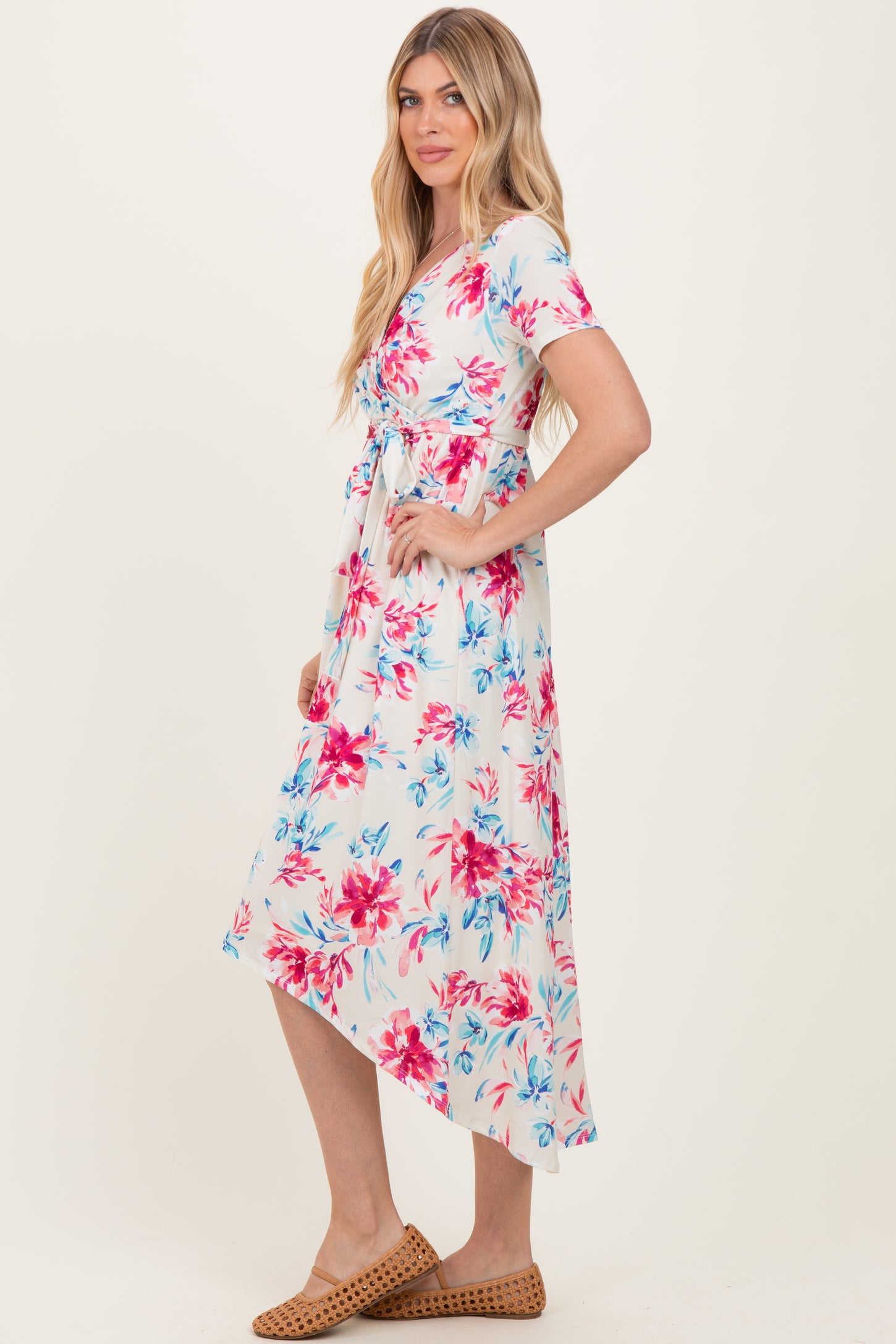 Taupe Floral Print Short Sleeve Hi-Low Wrap Dress