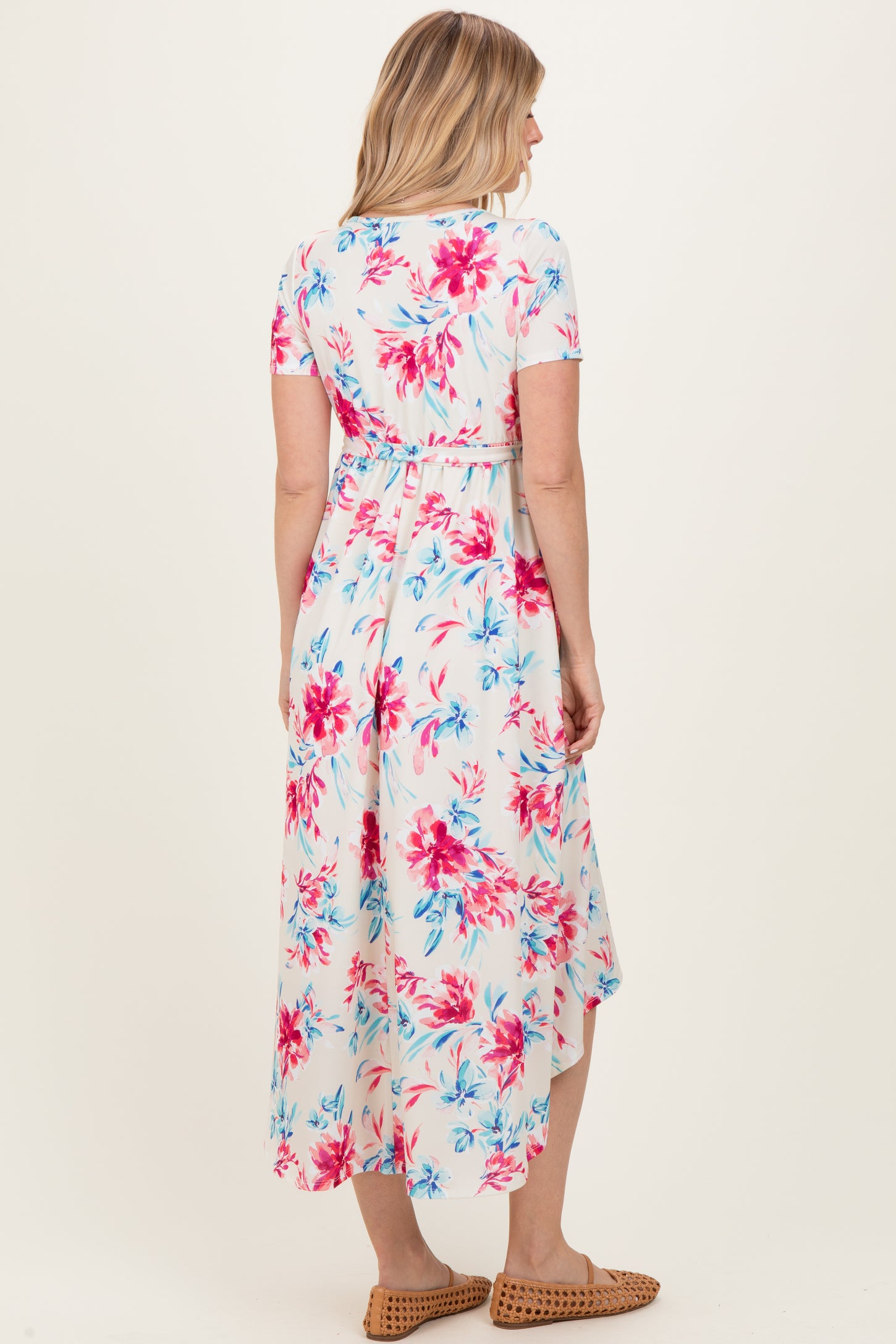 Taupe Floral Print Short Sleeve Hi-Low Wrap Dress