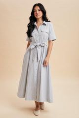 Light Blue Striped Cotton Button Down Maternity Maxi Dress