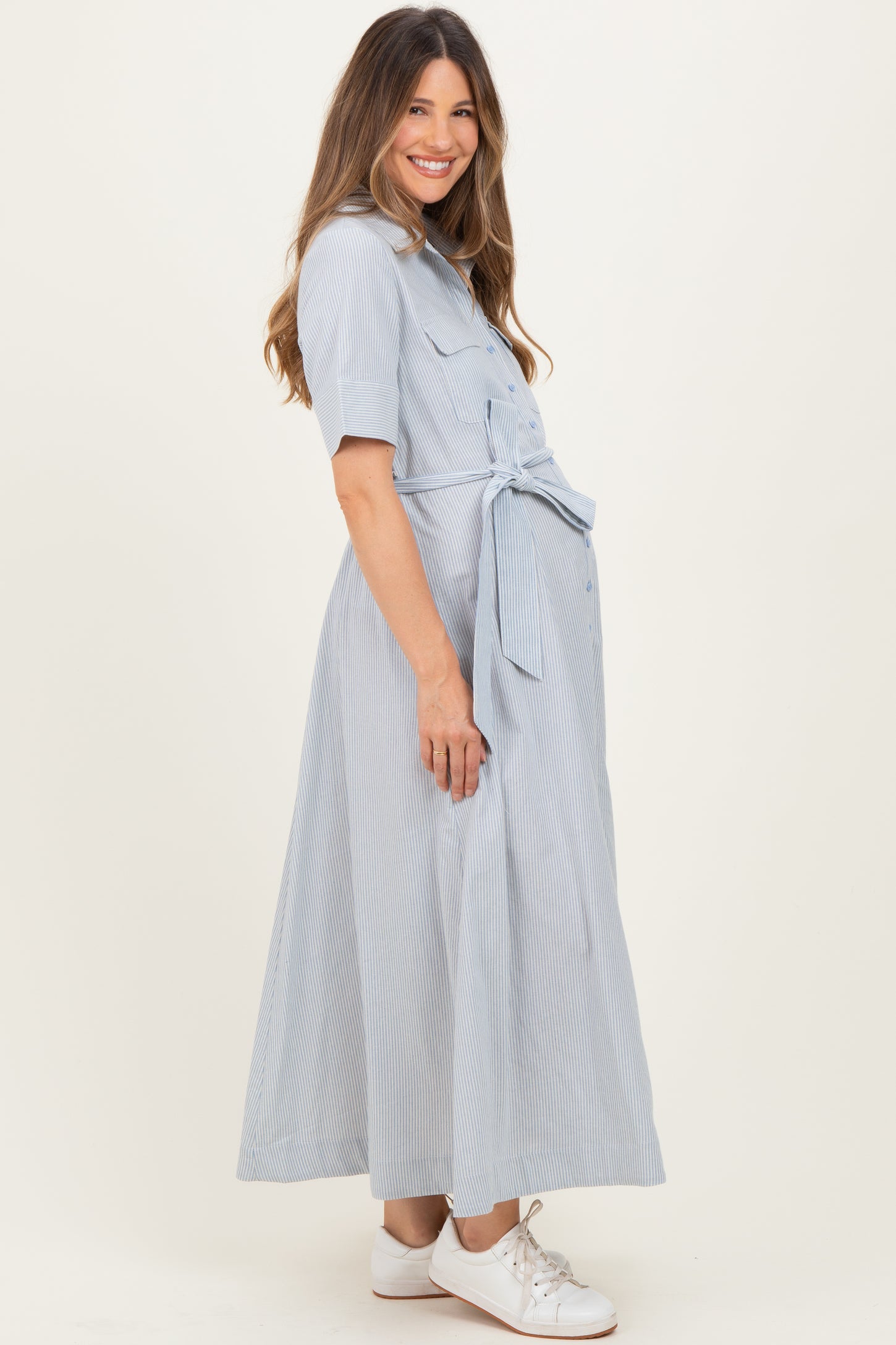 Light Blue Striped Cotton Button Down Maternity Maxi Dress