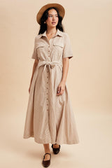 Beige Striped Cotton Button Down Maternity Maxi Dress