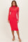 woman wearing a fitted red long sleeve mesh dress with a high neckline and a midi length