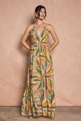 Multicolor Print Halter Cutout Tie Back Maxi Dress