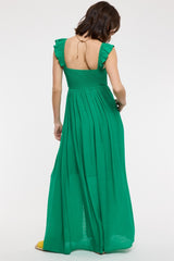 Green Cinched Smocked Bust Sleeveless Maxi Dress