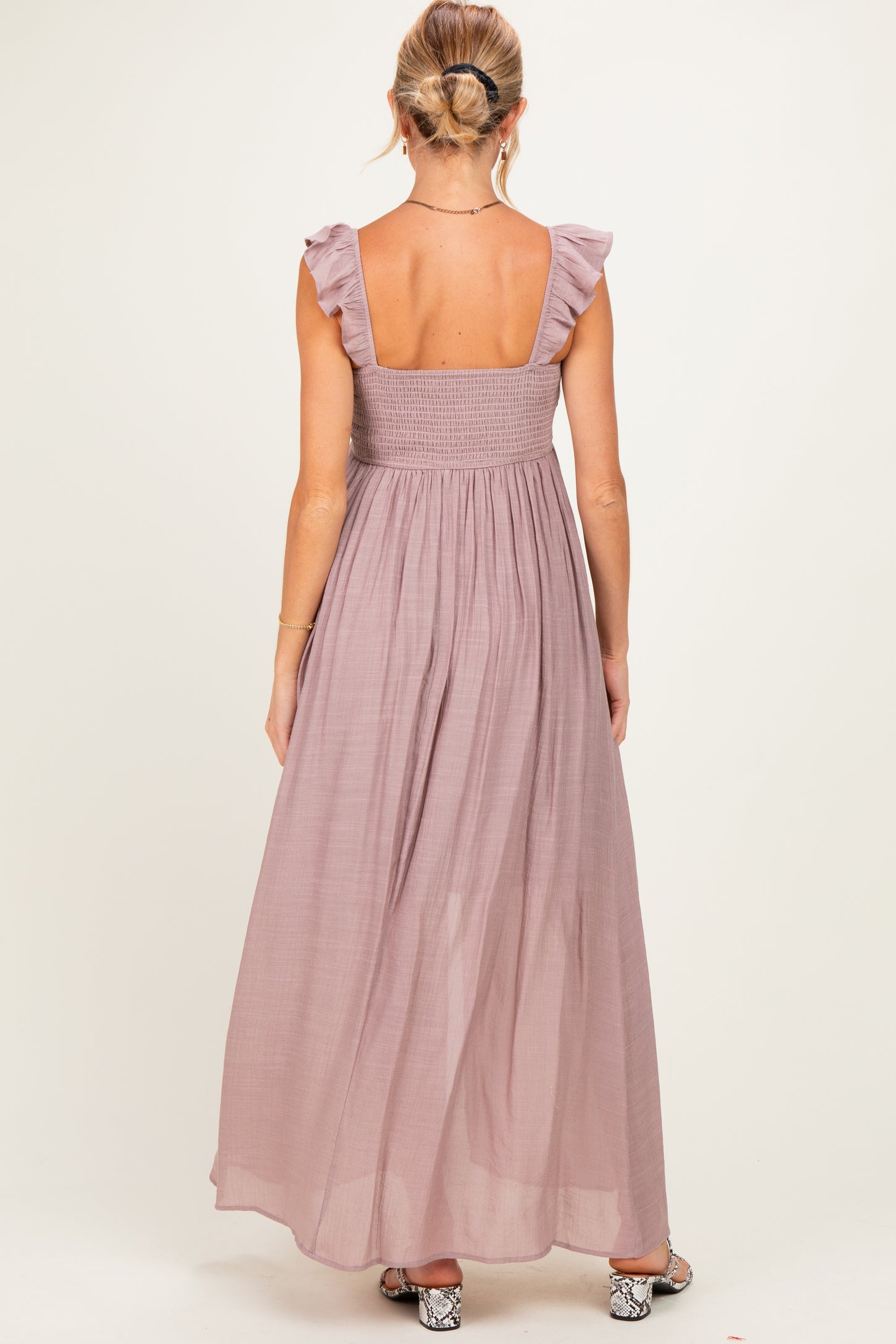 Mauve Cinched Smocked Bust Sleeveless Maternity Maxi Dress