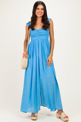 Blue Cinched Smocked Bust Sleeveless Maxi Dress