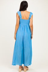 Blue Cinched Smocked Bust Sleeveless Maxi Dress
